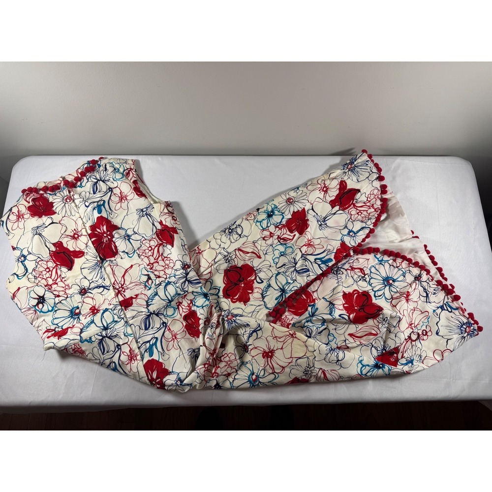 Vintage 60s/70s Connie Unger Floral Pom Pom Trim Maxi Dress Red Blue Cream